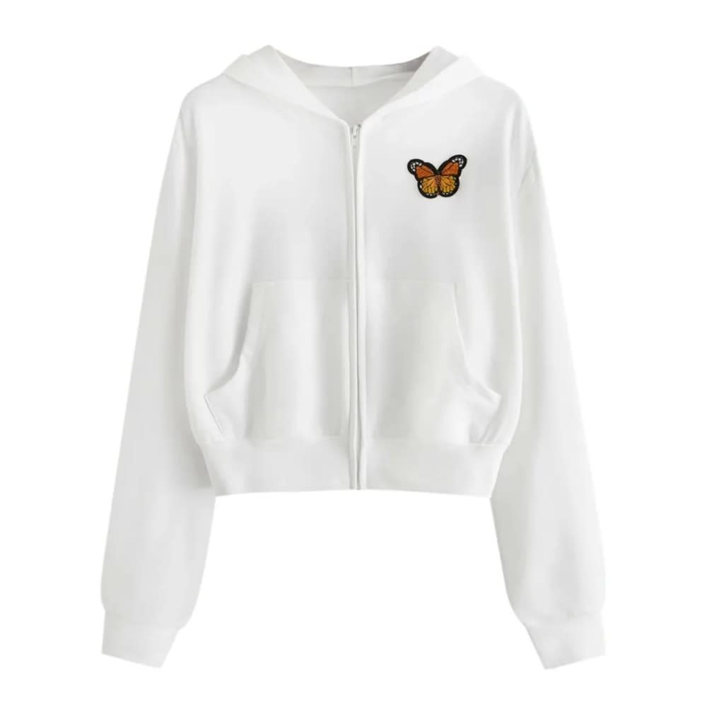 Women's Solid Color Zip Up Hoodie with Butterfly Embroidery